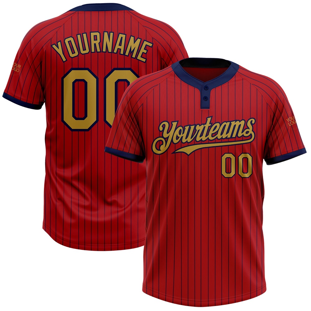 Red Navy Pinstripe Old Gold Two Button Unisex Softball Jersey, Custom Team Softball Jersey