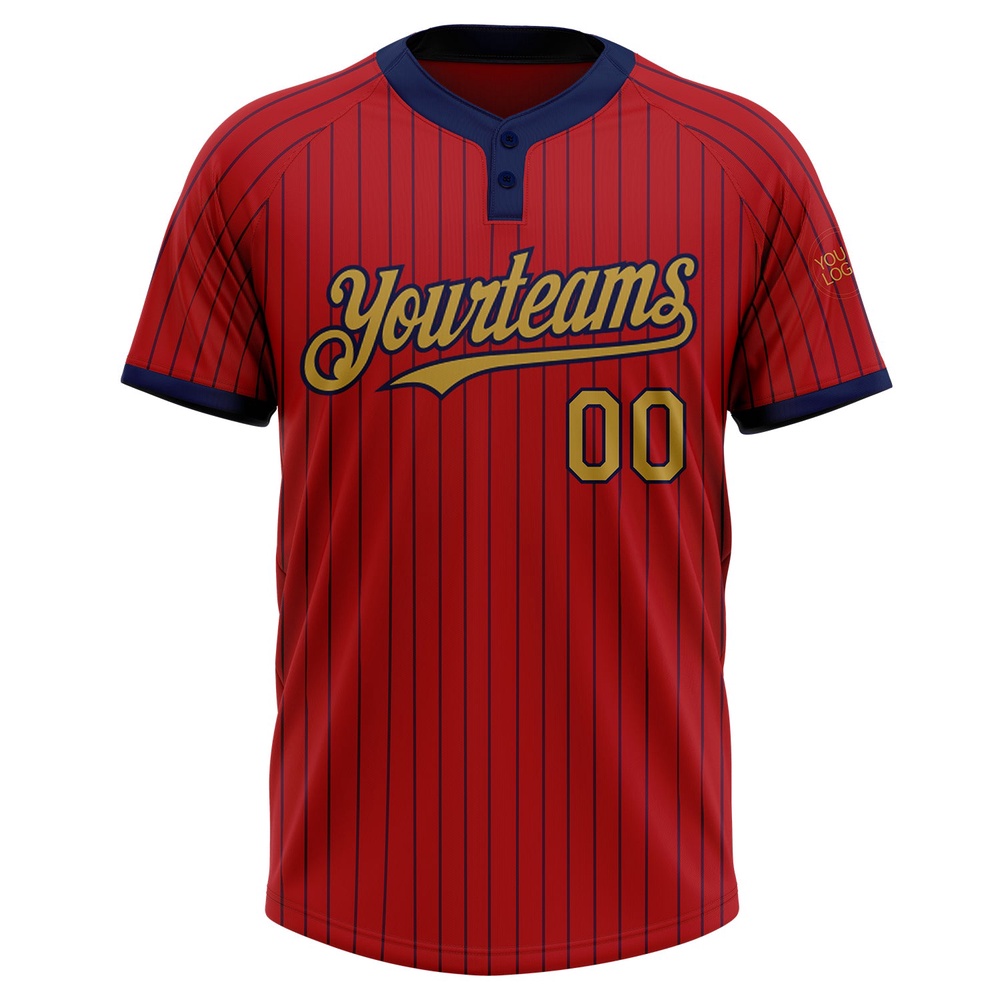 Red Navy Pinstripe Old Gold Two Button Unisex Softball Jersey, Custom Team Softball Jersey