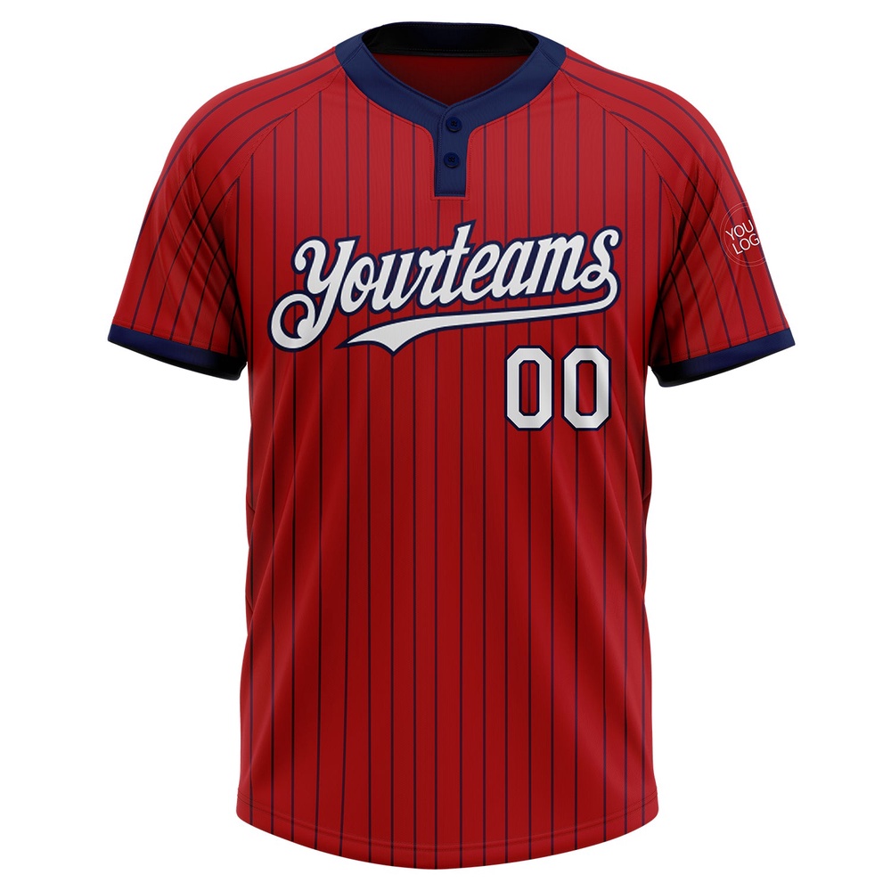 Red Navy Pinstripe White Two Button Unisex Softball Jersey, Custom Team Softball Jersey