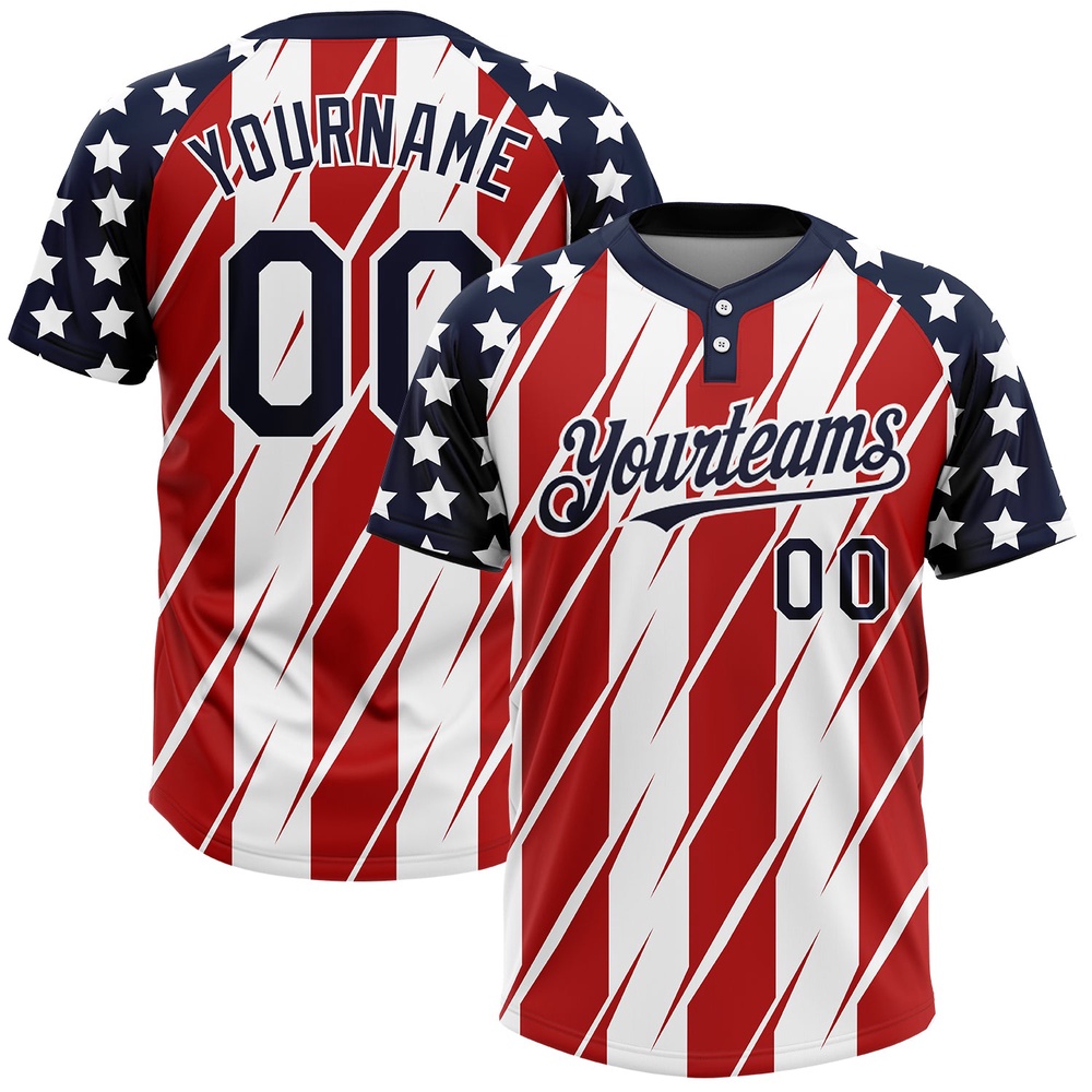 Red Navy White 3D American Flag Fashion Two Button Unisex Softball Jersey, Custom Team Softball Jersey
