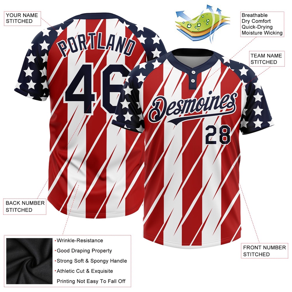 Red Navy White 3D American Flag Fashion Two Button Unisex Softball Jersey, Custom Team Softball Jersey