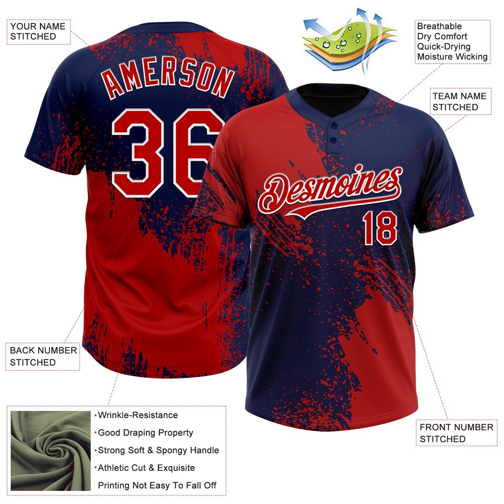 Red Navy White 3D Pattern Abstract Brush Stroke Two Button Unisex Softball Jersey, Custom Team Softball Jersey