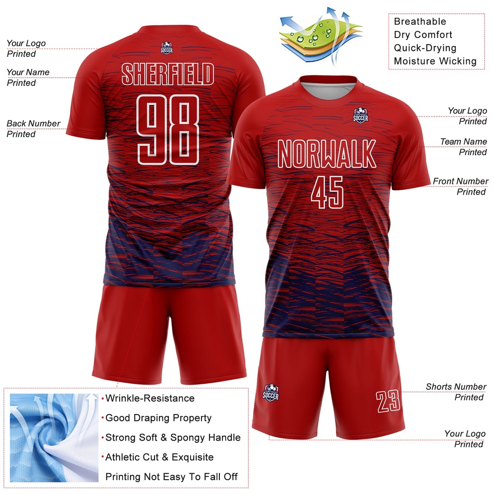 Red Navy White Line Sublimation Soccer Uniform Jersey, Custom Team Soccer Jersey Shirt