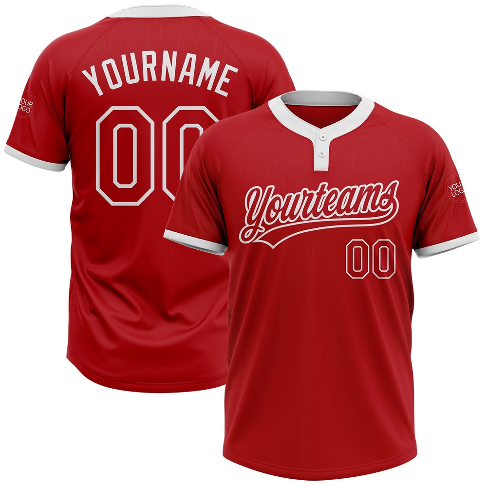 Red Red White Two Button Unisex Softball Jersey, Custom Team Softball Jersey