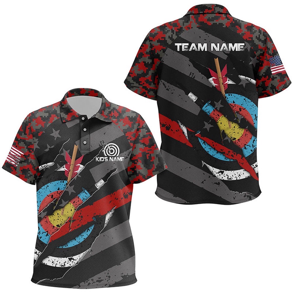 Red Retro Camo Target Archery Polo Shirts, Custom US Flag Archery Polo, Custom Archery Team Polo Shirt