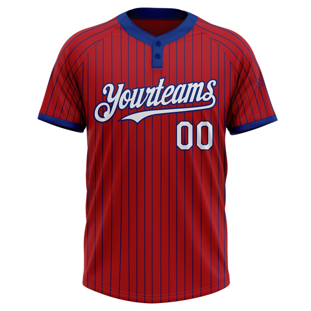 Red Royal Pinstripe White Two Button Unisex Softball Jersey, Custom Team Softball Jersey