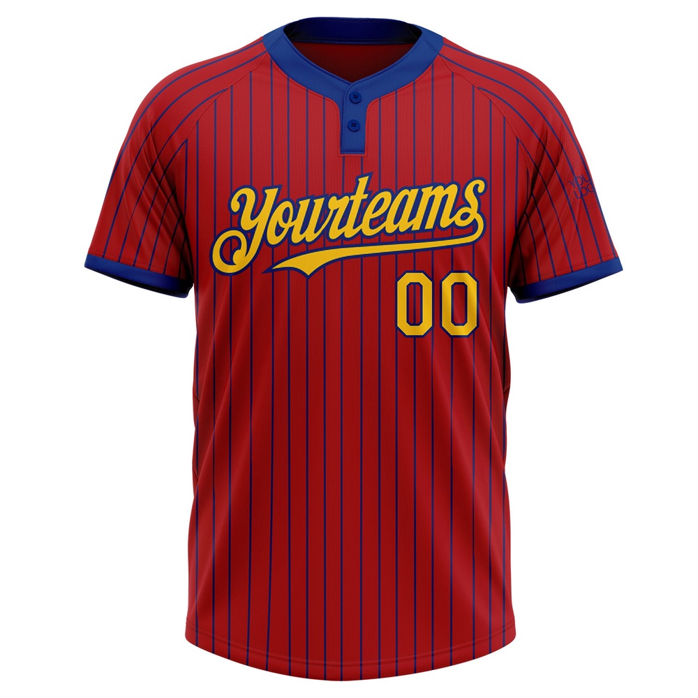 Red Royal Pinstripe Yellow Two Button Unisex Softball Jersey, Custom Team Softball Jersey