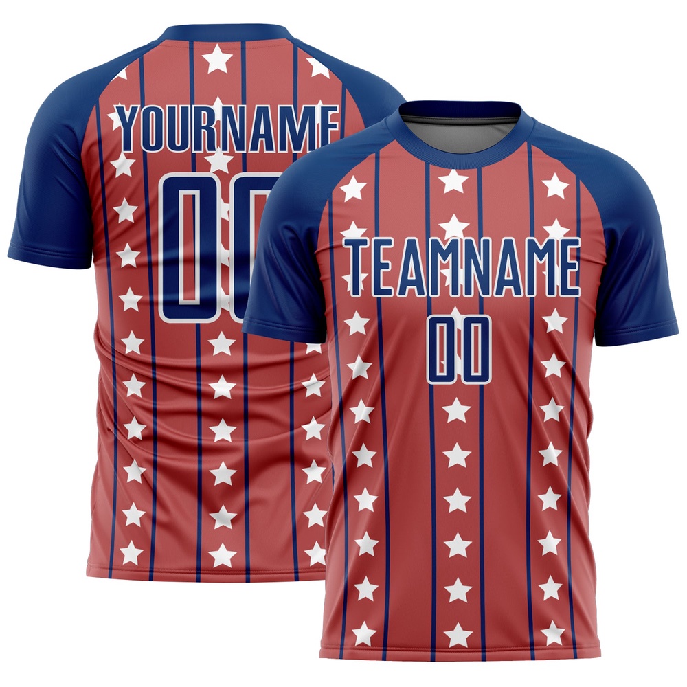 Red Royal White Stars And Stripes Sublimation Soccer Uniform Jersey, Custom Team Soccer Jersey Shirt