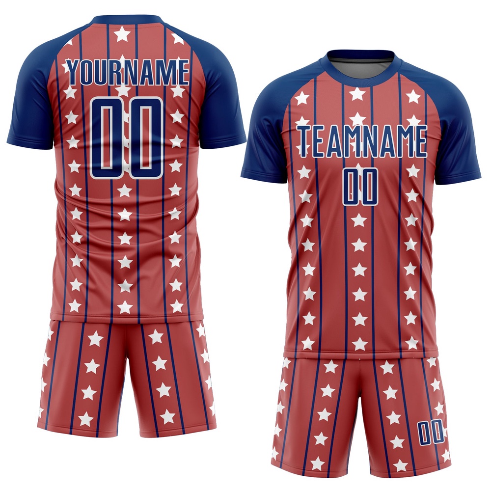 Red Royal White Stars And Stripes Sublimation Soccer Uniform Jersey, Custom Team Soccer Jersey Shirt
