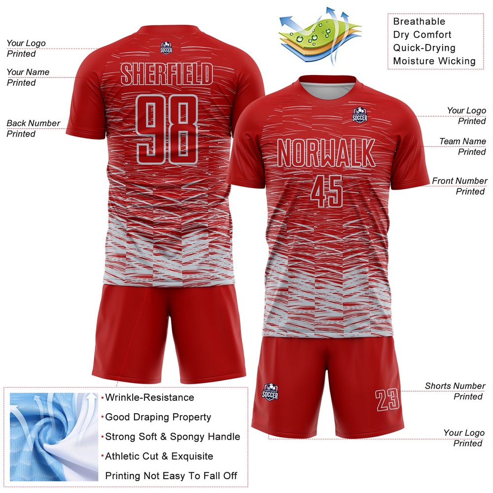 Red Silver White Line Sublimation Soccer Uniform Jersey, Custom Team Soccer Jersey Shirt
