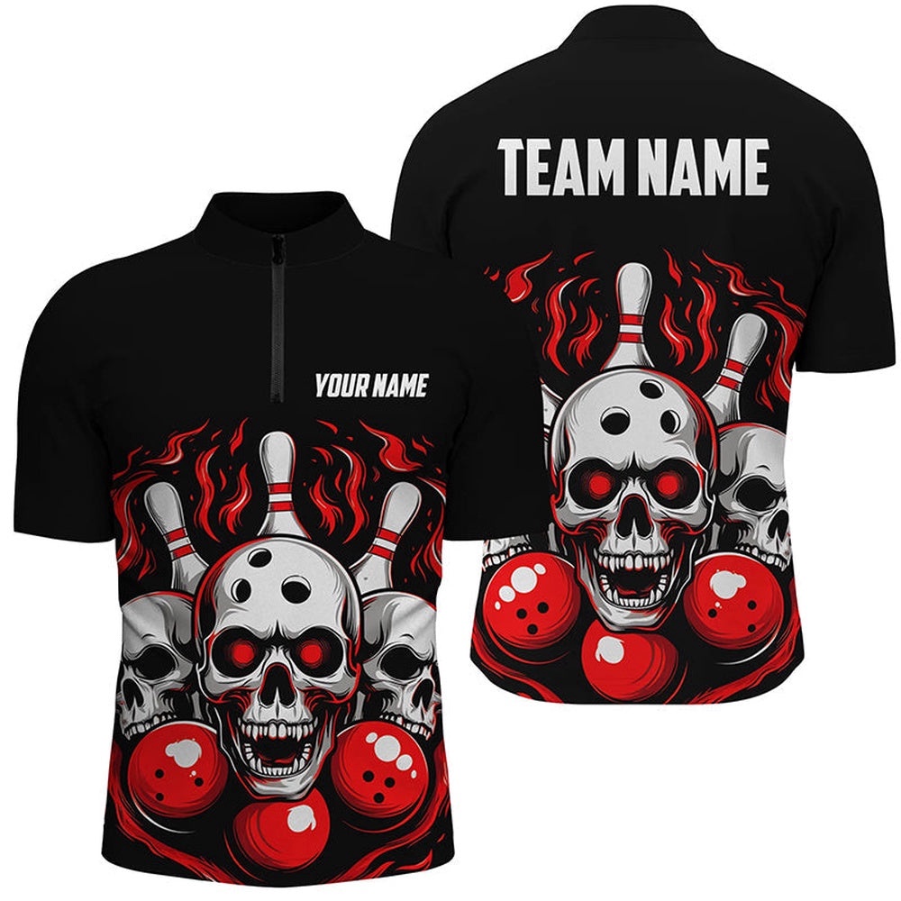 Red Skull Bowling Team Shirts, Flame Bowling Jersey Bowlers Shirts For Men And Women, Custom Bowling Team Jersey Shirt