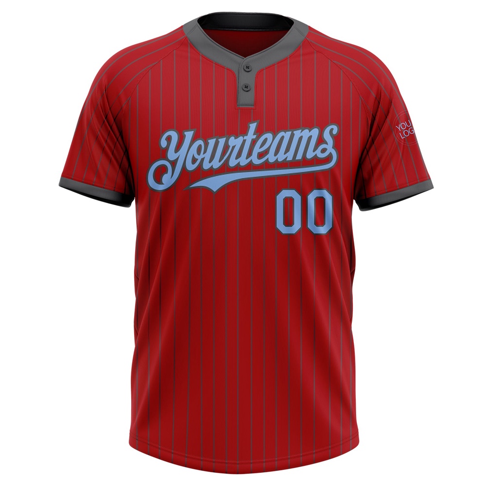 Red Steel Gray Pinstripe Light Blue Two Button Unisex Softball Jersey, Custom Team Softball Jersey