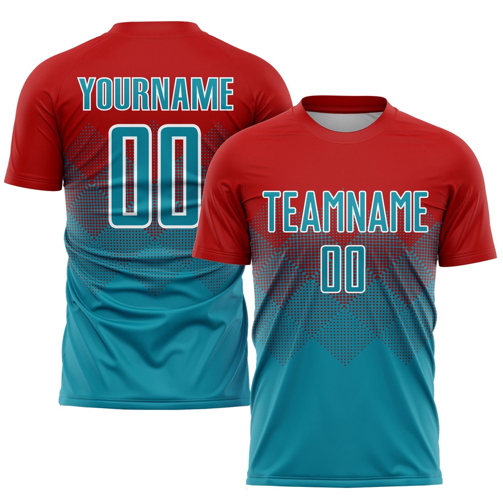 Red Teal White Sublimation Soccer Uniform Jersey, Custom Team Soccer Jersey Shirt
