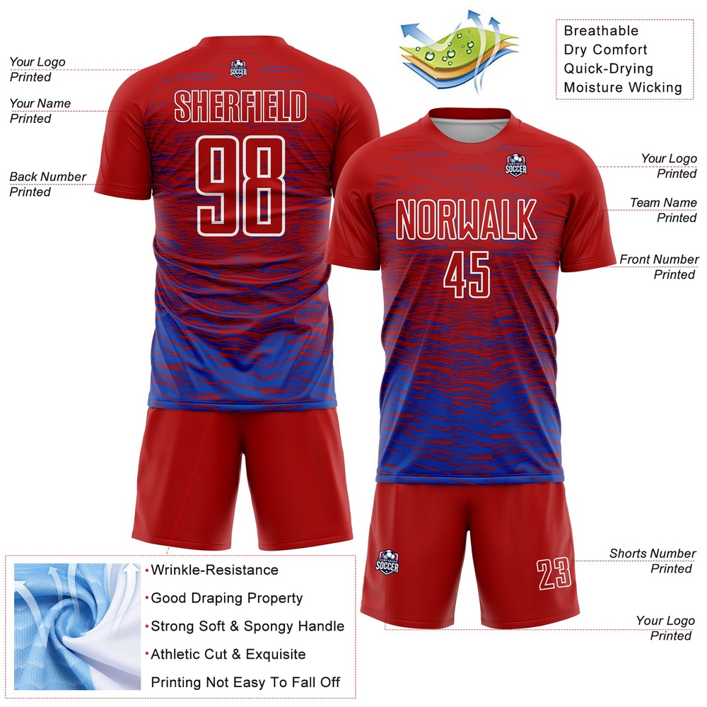 Red Thunder Blue White Line Sublimation Soccer Uniform Jersey, Custom Team Soccer Jersey Shirt