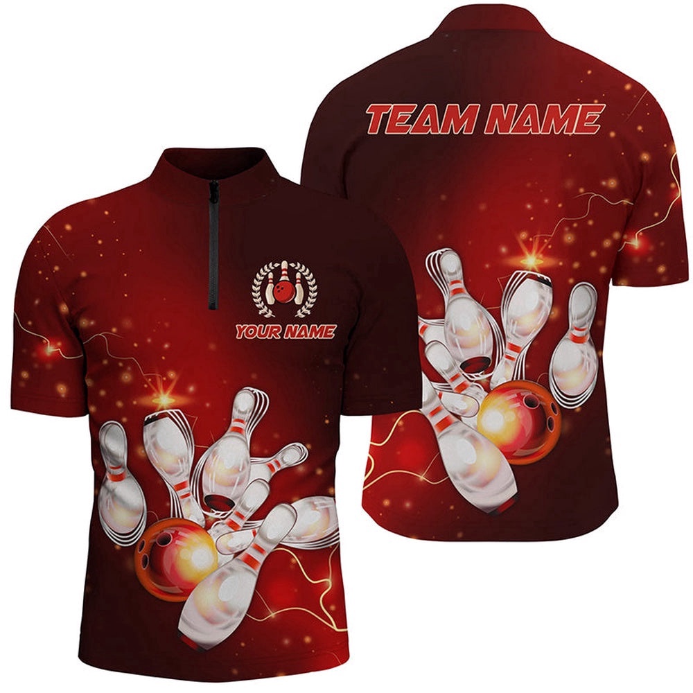 Red Thunder Lightning Bowling Shirts For Men, Bowling Team Jersey, Custom Bowling Team Jersey Shirt