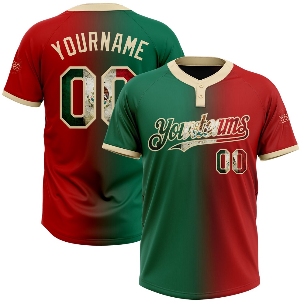 Red Vintage Mexican Flag Kelly Green City Cream Gradient Fashion Two Button Unisex Softball Jersey, Custom Team Softball Jersey