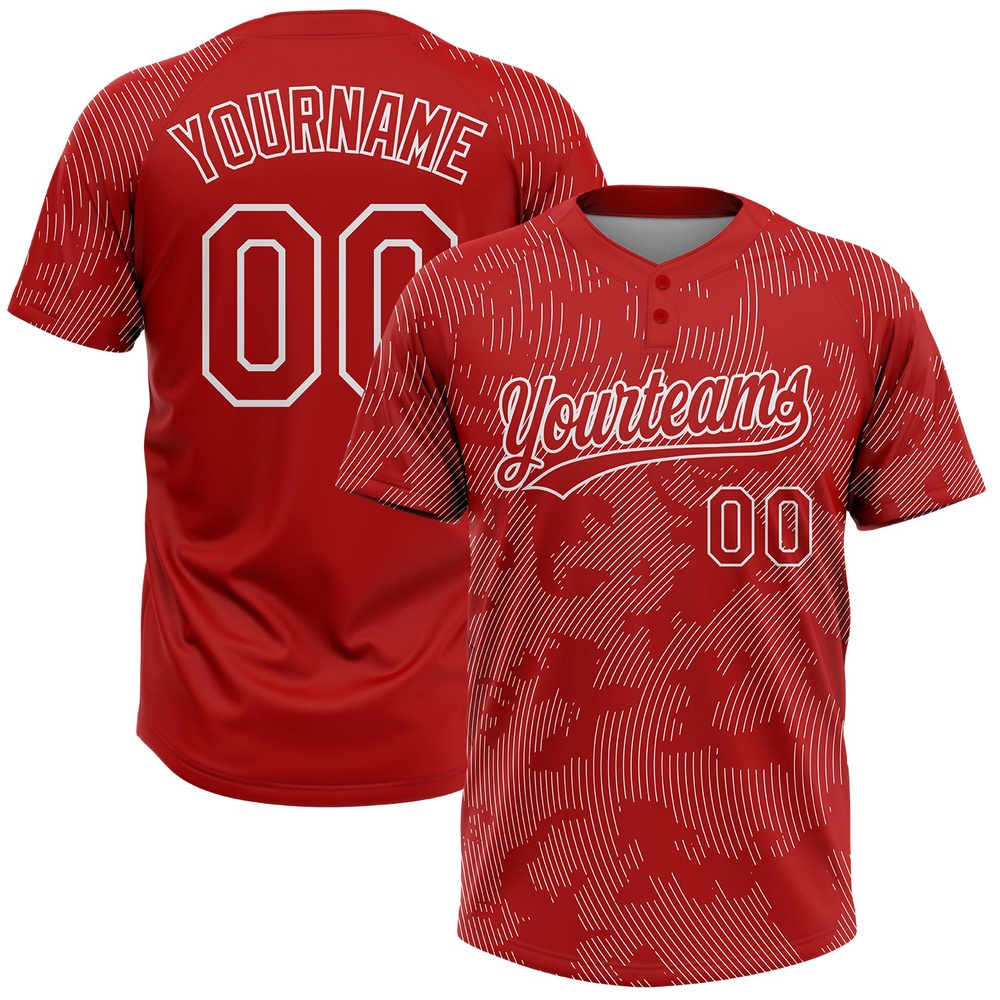 Red White 3D Pattern Curve Lines Two Button Unisex Softball Jersey, Custom Team Softball Jersey