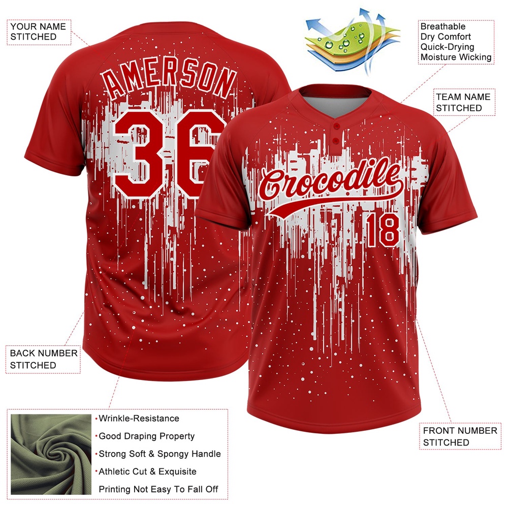 Red White 3D Pattern Dripping Splatter Art Two Button Unisex Softball Jersey, Custom Team Softball Jersey
