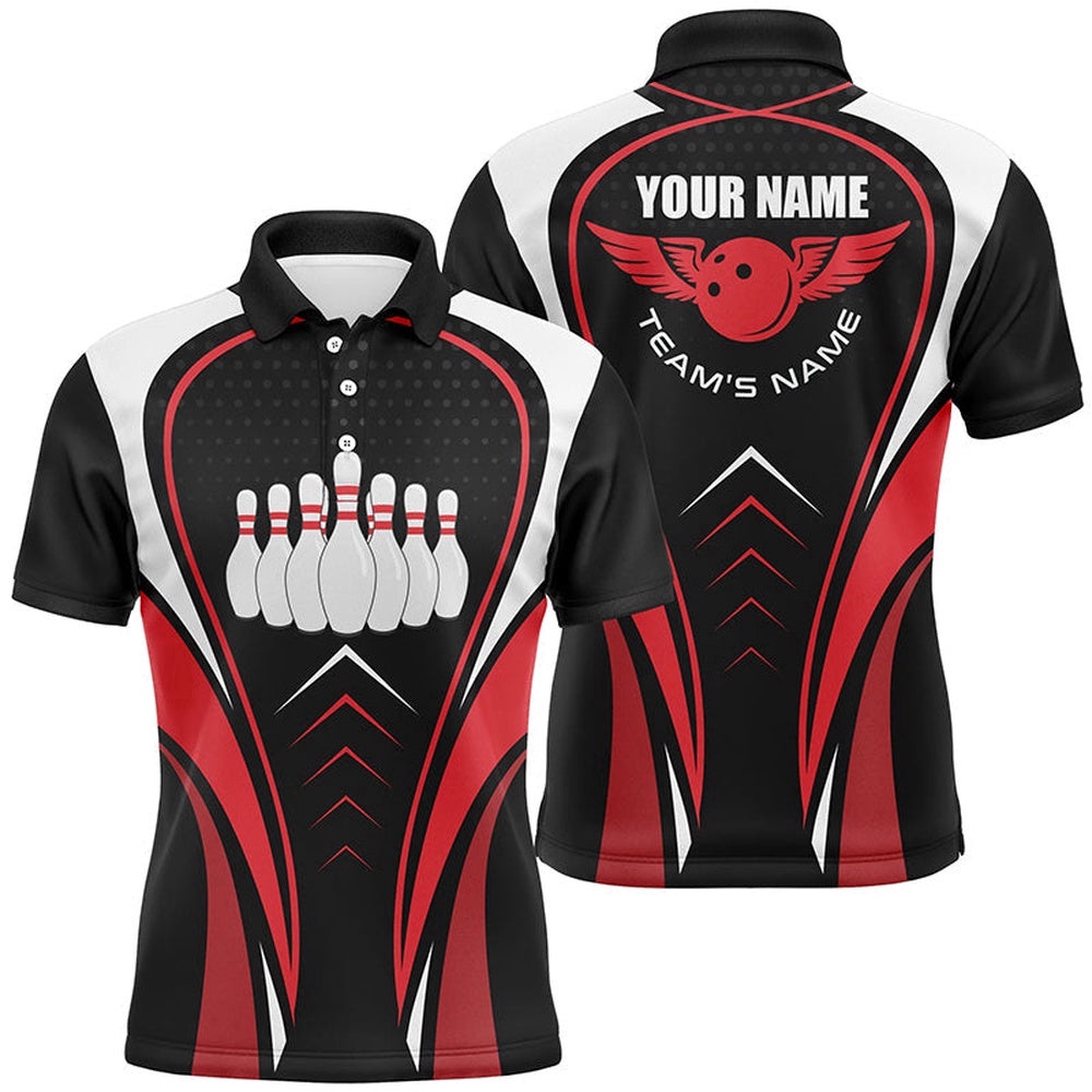 Red White And Black Bowling Shirts For Men Bowling Team League Polo Shirt Custom Bowling Polo Shirts, Personalized Bowling Team Shirt