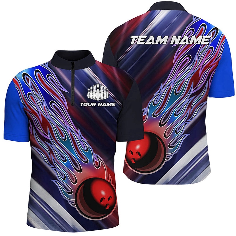 Red White And Blue Bowling Ball Flame Bowling Team Shirts, Unisex Patriotic Bowling Jersey, Custom Bowling Team Jersey Shirt