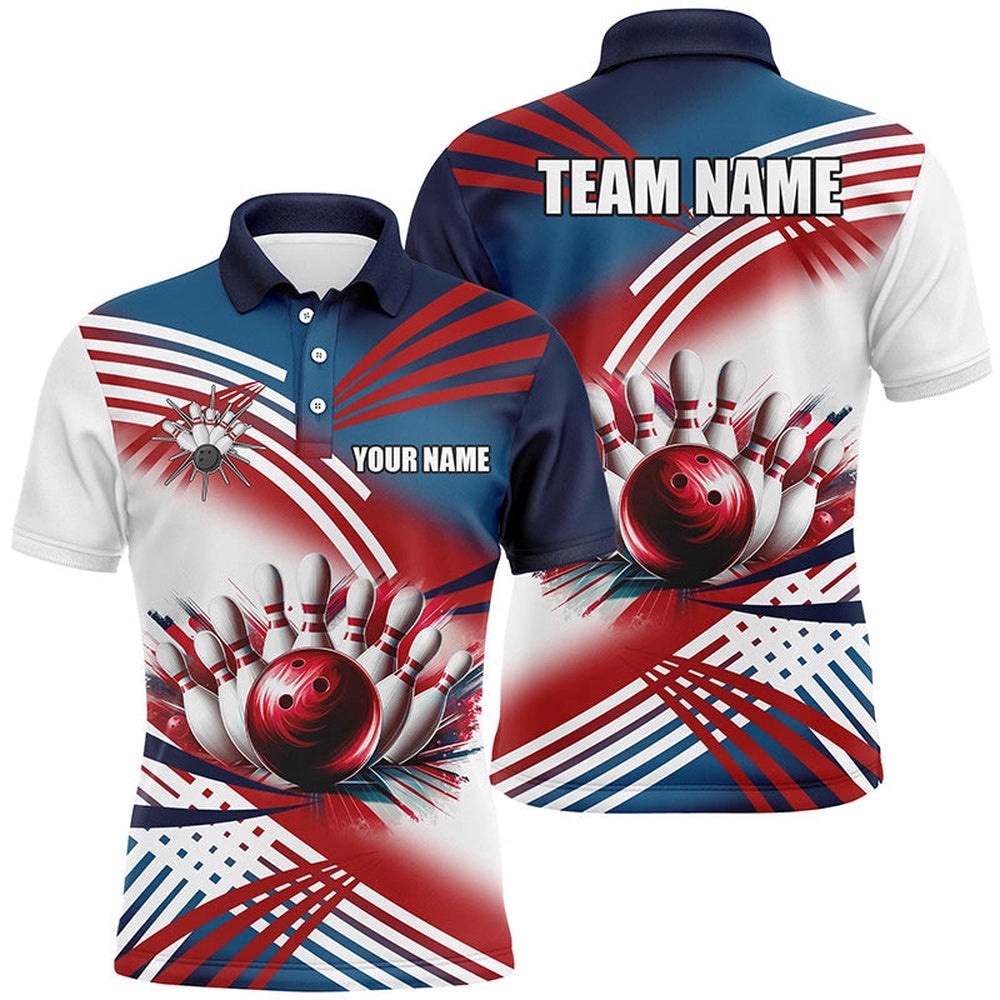 Red, White And Blue Mens Bowling Polo Shirts Custom Bowling Ball And Pins Team Bowling Shirts For Men, Personalized Bowling Team Shirt