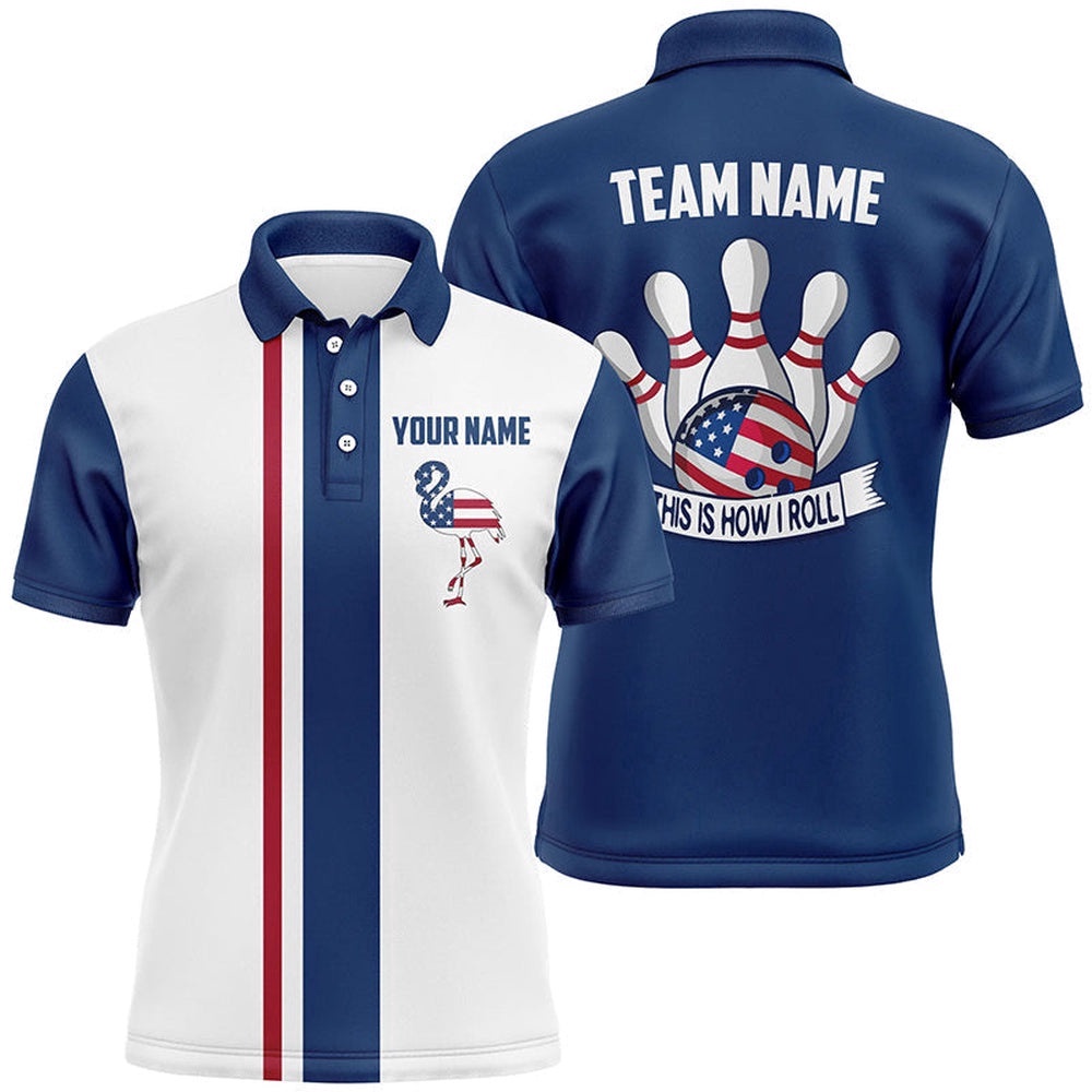 Red White And Blue Retro Bowling Polo Shirts For Men Custom American Flag Flamingo Bowling Polo Shirt, Personalized Bowling Team Shirt