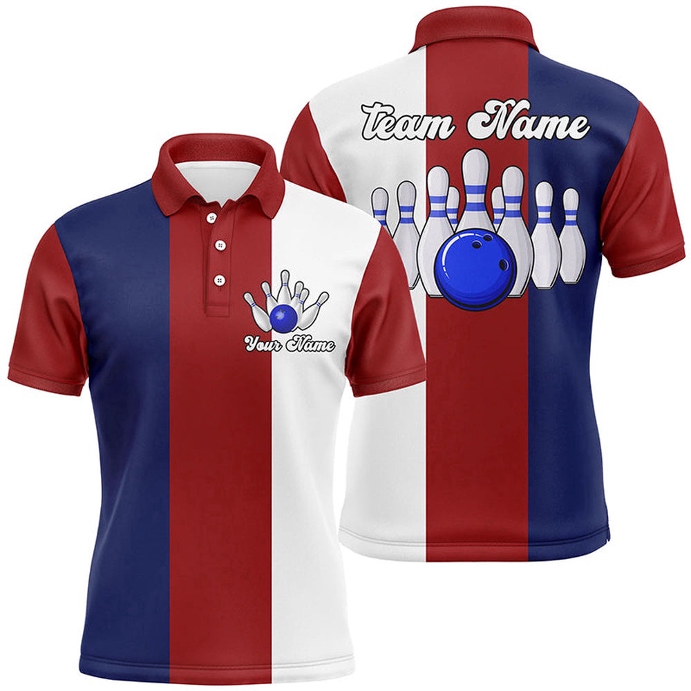 Red White And Blue Retro Bowling Polo Shirts For Men Custom Vintage Bowling Team Polo Shirt, Personalized Bowling Team Shirt