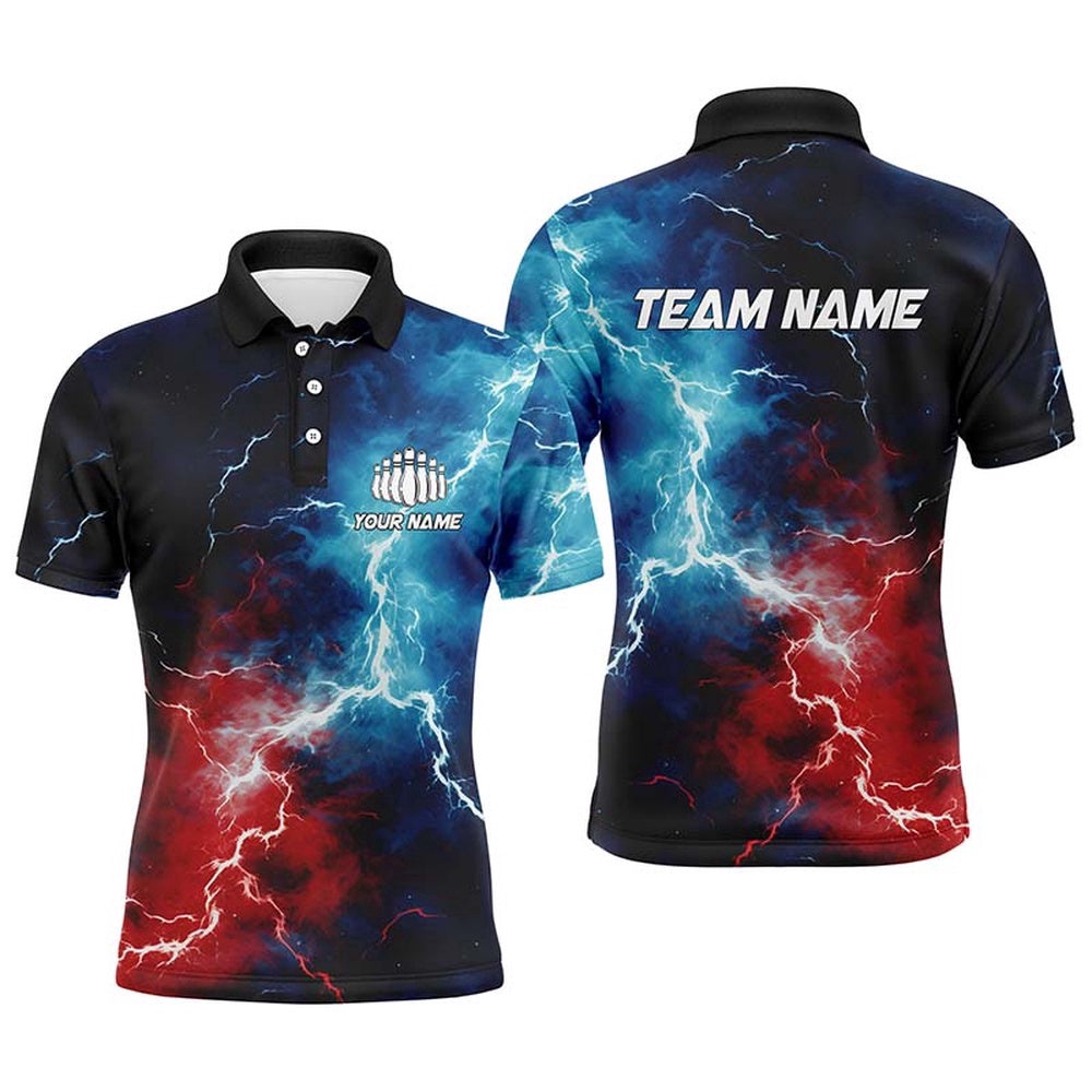 Red, White And Blue Thunder Lightning Bowling Polo Shirts For Men, Patriotic Bowling Team Polo Shirt, Personalized Bowling Team Shirt