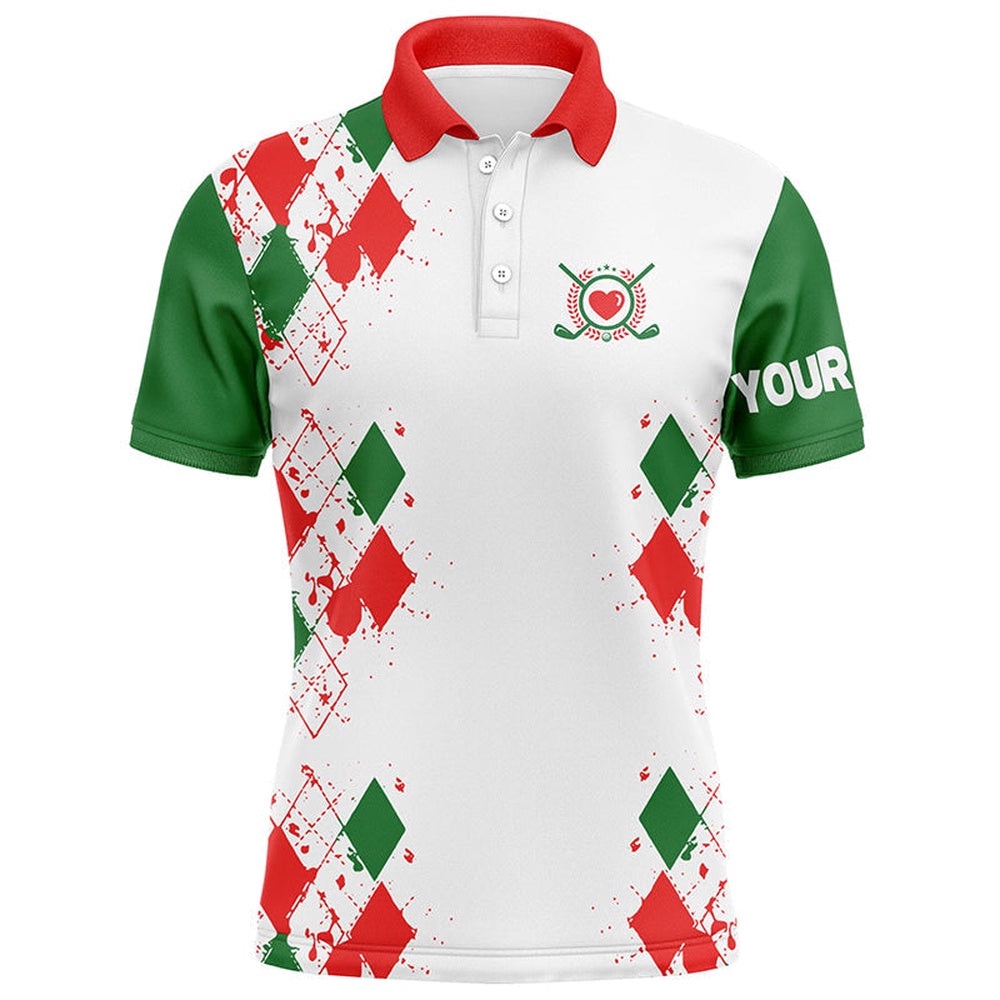 Red, White And Green Christmas Argyle Pattern Men’s Golf Polo Shirts Custom Xmas Golf Tops For Men’s, Golf Polo Shirt, Golf Shirts