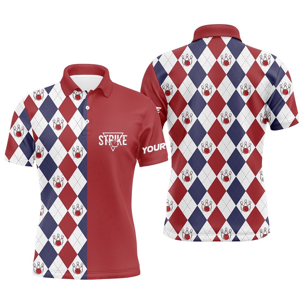 Red White Blue Argyle Plaid Pattern Mens Bowling Polo Shirt Custom Bowling Strike Team Polo Shirt, Personalized Bowling Team Shirt
