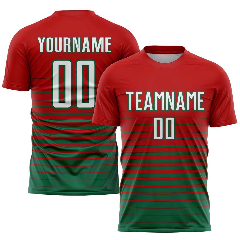 Red White Kelly Green Pinstripe Fade Fashion Sublimation Soccer Uniform Jersey, Custom Team Soccer Jersey Shirt