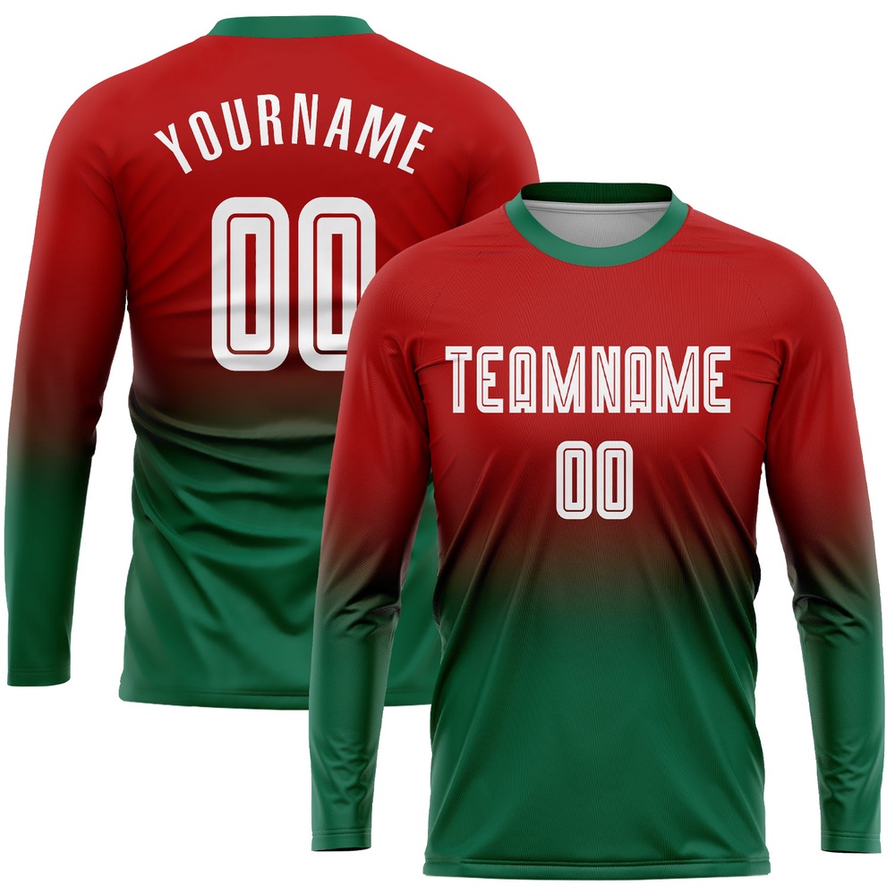 Red White Kelly Green Sublimation Long Sleeve Fade Fashion Soccer Uniform Jersey, Custom Team Soccer Jersey Shirt
