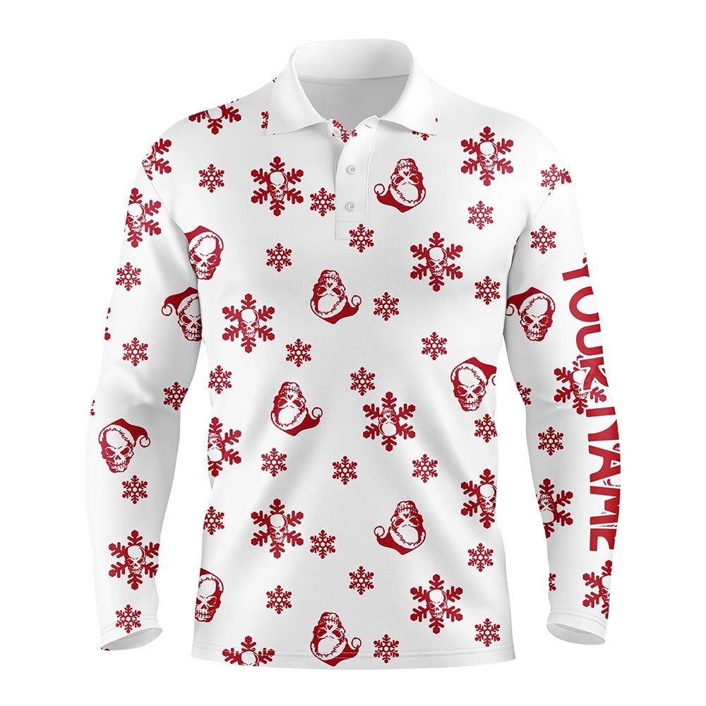 Red White Men’s Golf Polo Shirt Custom Skull Snow Christmas Pattern Golf Shirt For Men, Golf Polo Shirt, Golf Shirts