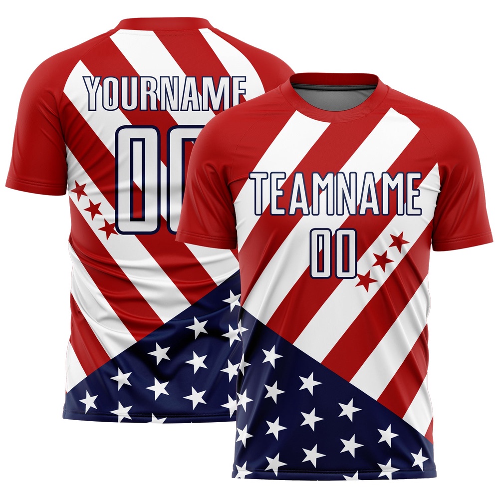 Red White Navy Vintage American Flag Sublimation Soccer Uniform Jersey, Custom Team Soccer Jersey Shirt