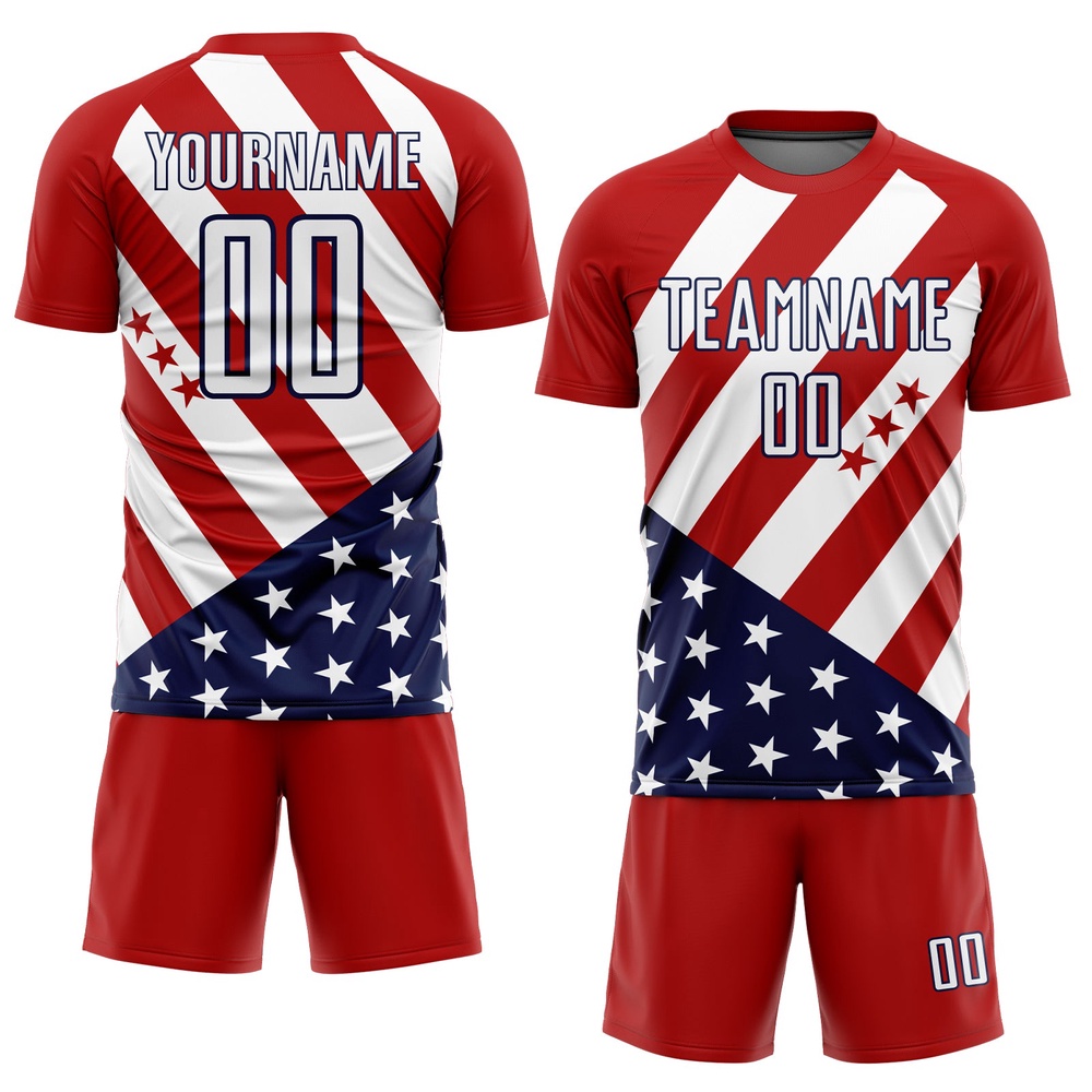Red White Navy Vintage American Flag Sublimation Soccer Uniform Jersey, Custom Team Soccer Jersey Shirt