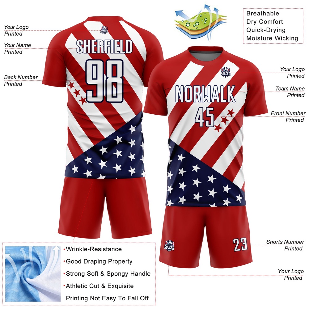 Red White Navy Vintage American Flag Sublimation Soccer Uniform Jersey, Custom Team Soccer Jersey Shirt