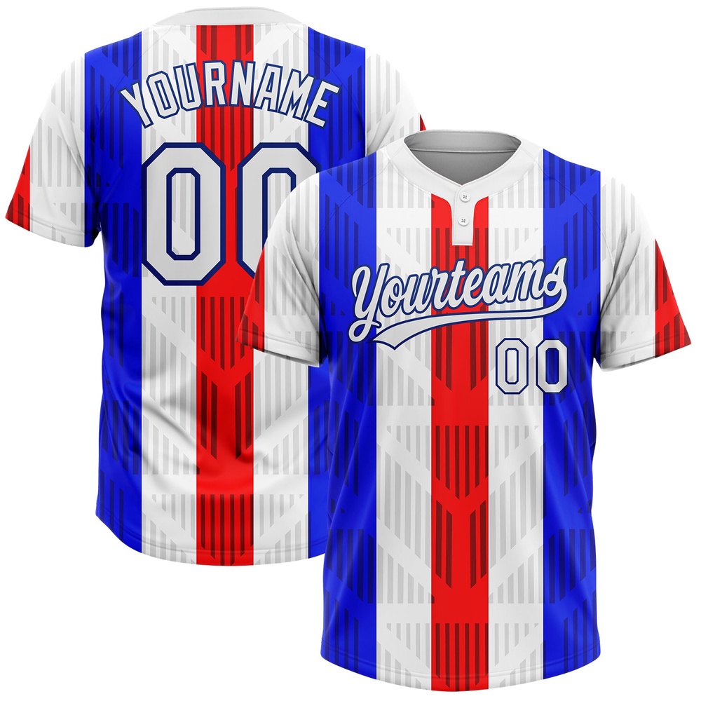 Red White Royal 3D Pattern Two Button Unisex Softball Jersey, Custom Team Softball Jersey