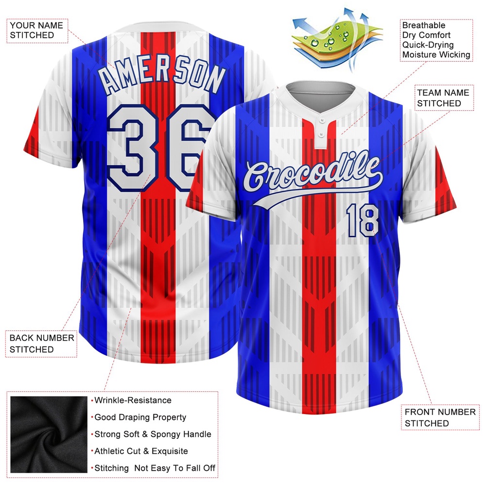 Red White Royal 3D Pattern Two Button Unisex Softball Jersey, Custom Team Softball Jersey