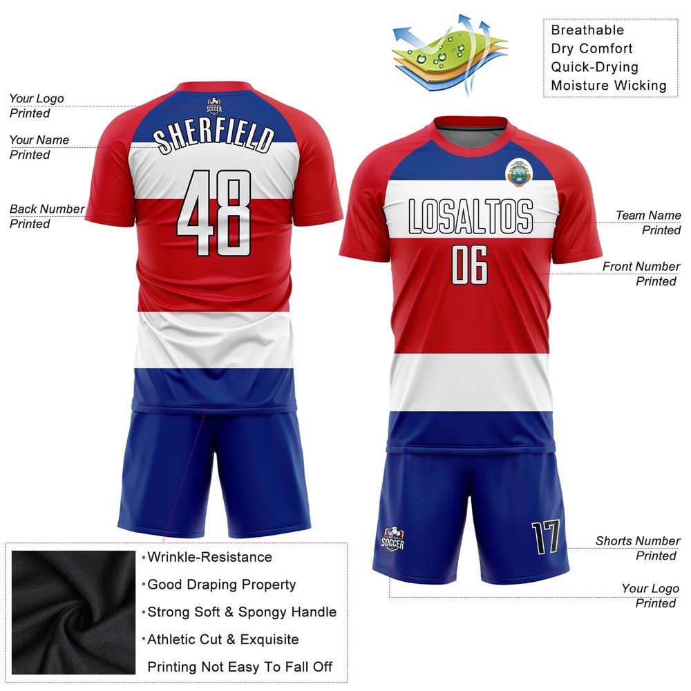 Red White Royal Black Sublimation Costa Rican Flag Soccer Uniform Jersey, Custom Team Soccer Jersey Shirt