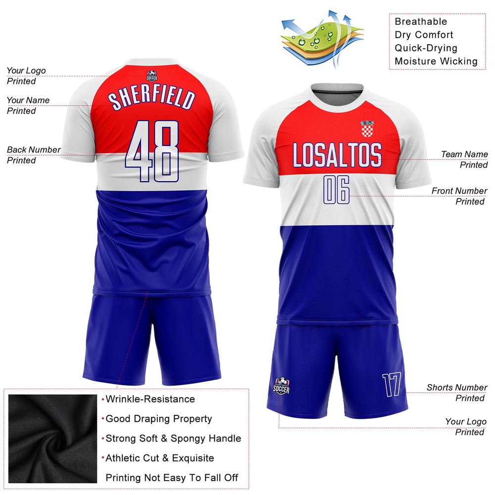 Red White Royal Sublimation Croatian Flag Soccer Uniform Jersey, Custom Team Soccer Jersey Shirt