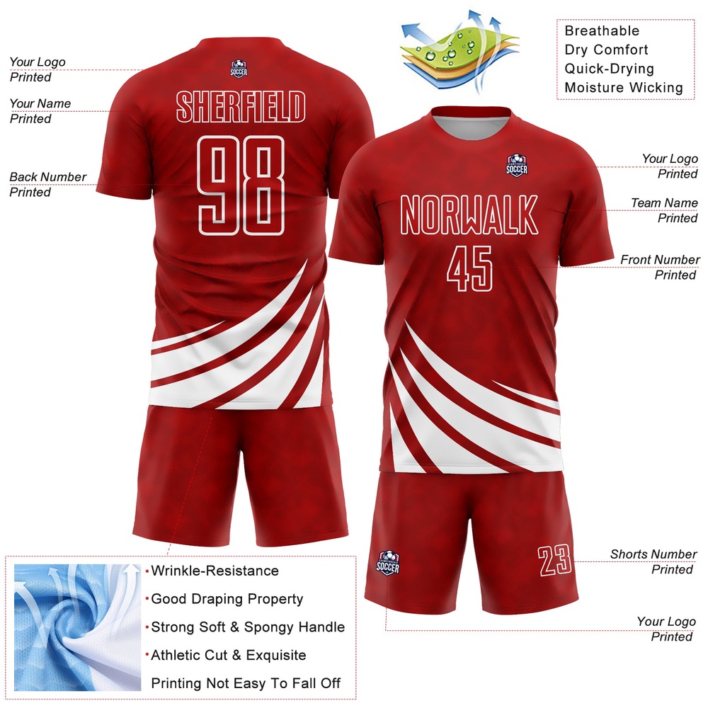 Red White Wind Shapes Sublimation Soccer Uniform Jersey, Custom Team Soccer Jersey Shirt