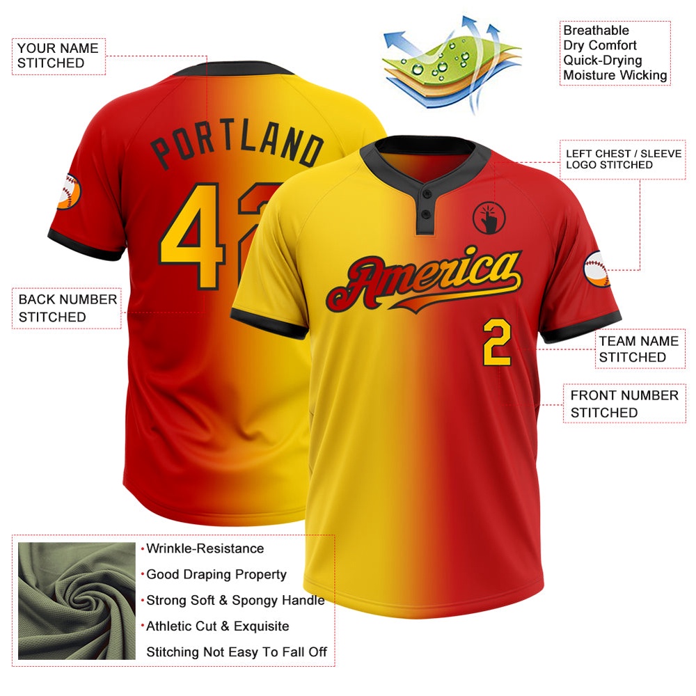 Red Yellow Black Gradient Fashion Two Button Unisex Softball Jersey, Custom Team Softball Jersey