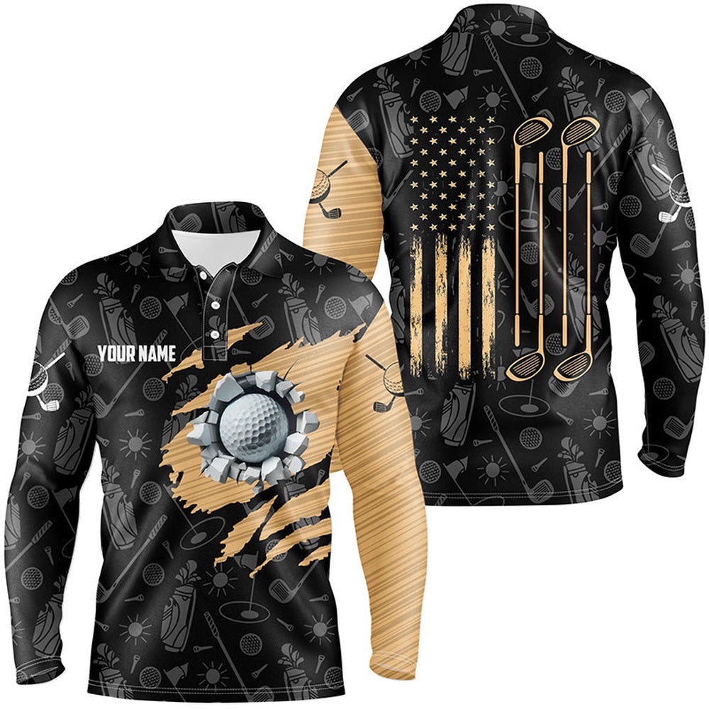 Retro American Flag Crack Golf Balls Custom Men Patriotic Golf Shirts For Men, Golf Polo Shirt, Golf Shirts