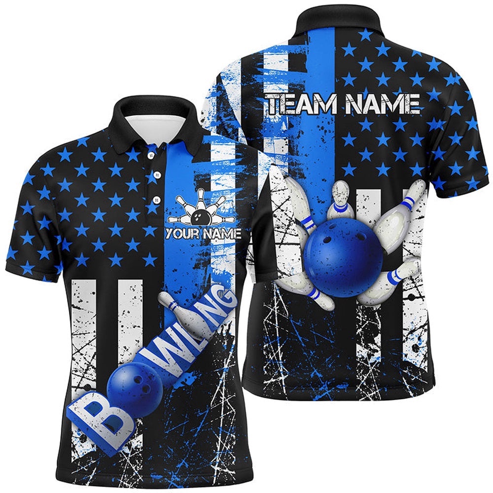 Retro American Flag Mens Bowling Polo Shirts Custom Bowling Team Polo Shirt, Gifts For Bowlers Blue, Personalized Bowling Team Shirt