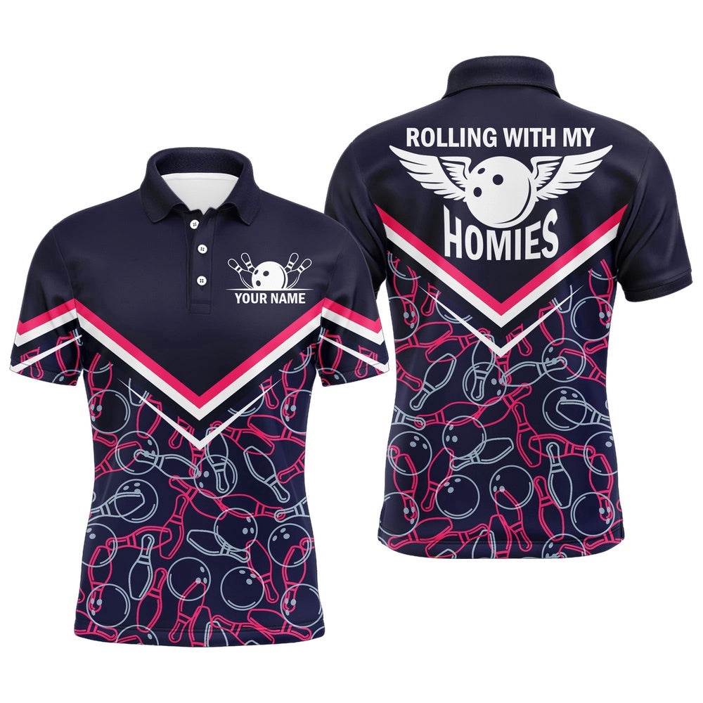 Rolling With My Homies Polo Bowling Shirt For Men, Bowling Pattern Polo Shirt Short Sleeve, Personalized Bowling Team Shirt
