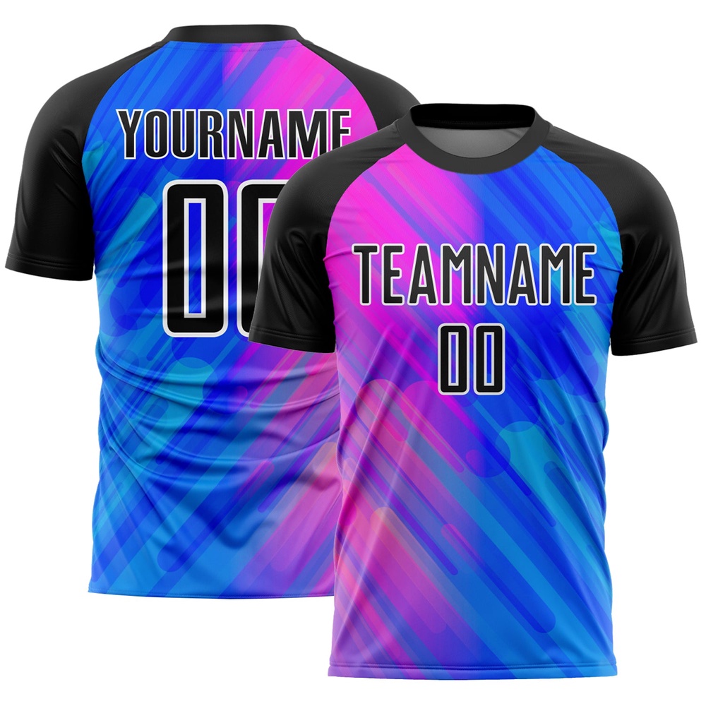 Royal Black Pink Lines Sublimation Soccer Uniform Jersey, Custom Team Soccer Jersey Shirt