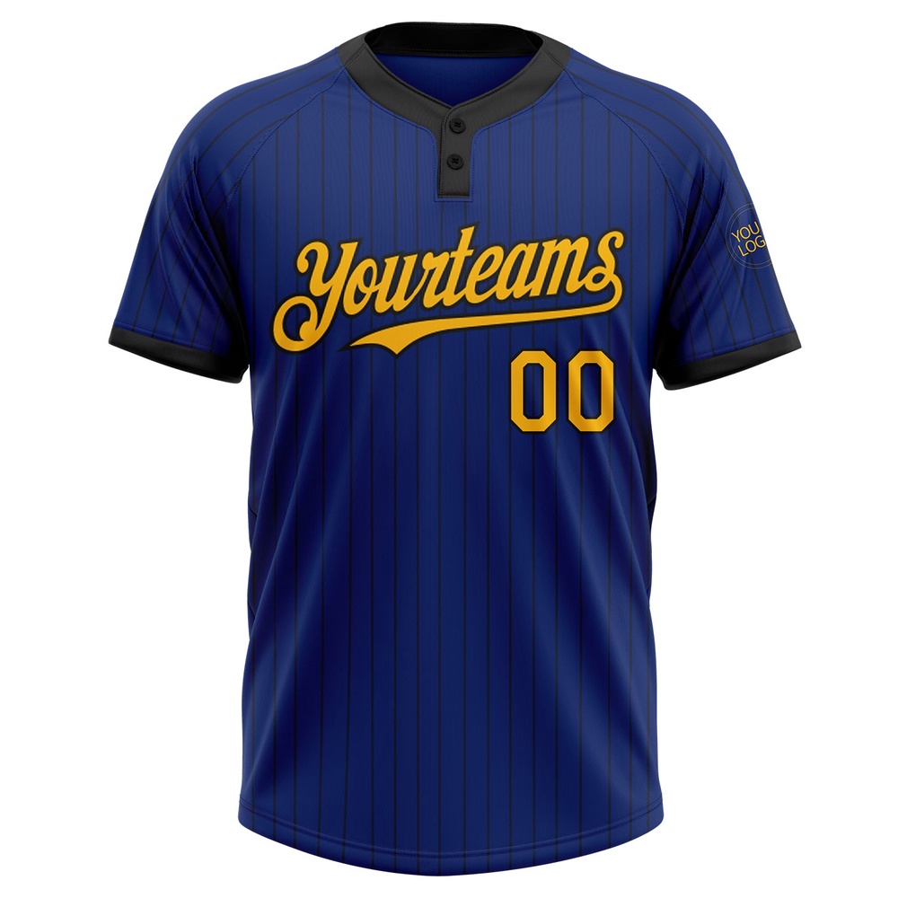 Royal Black Pinstripe Gold Two Button Unisex Softball Jersey, Custom Team Softball Jersey