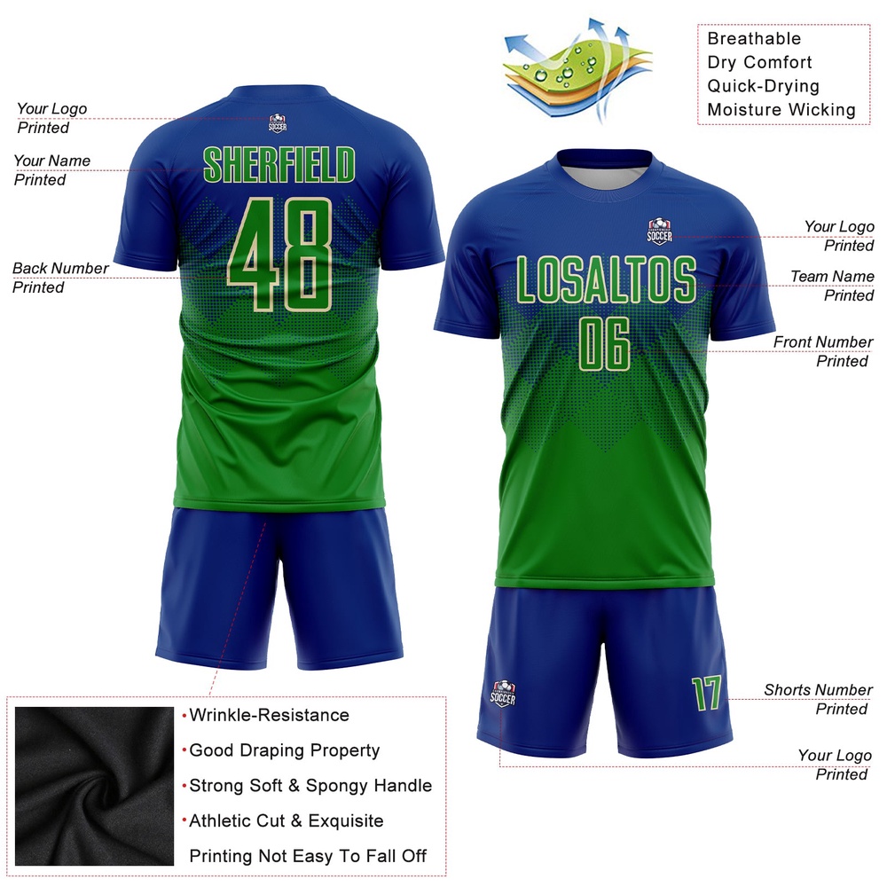Royal Keely Green Cream Sublimation Soccer Uniform Jersey, Custom Team Soccer Jersey Shirt