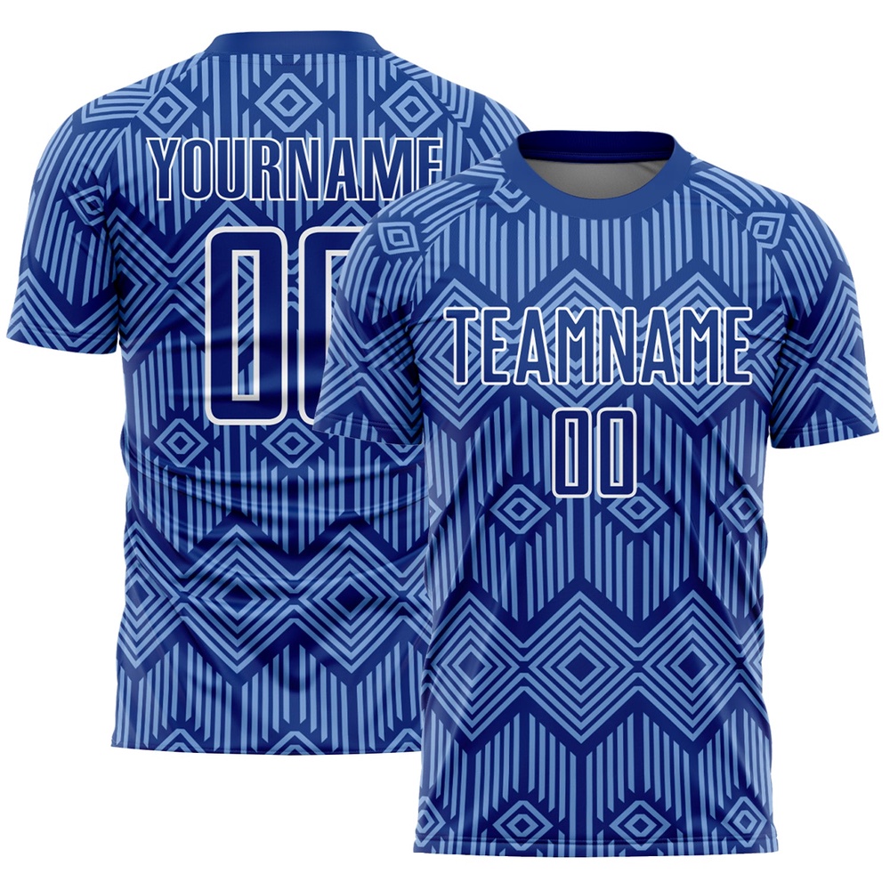 Royal Light Blue White Abstract Geometric Shapes Sublimation Soccer Uniform Jersey, Custom Team Soccer Jersey Shirt