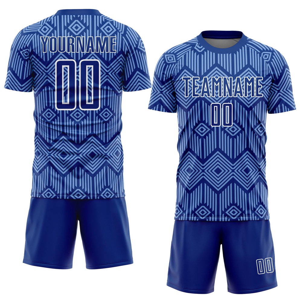 Royal Light Blue White Abstract Geometric Shapes Sublimation Soccer Uniform Jersey, Custom Team Soccer Jersey Shirt